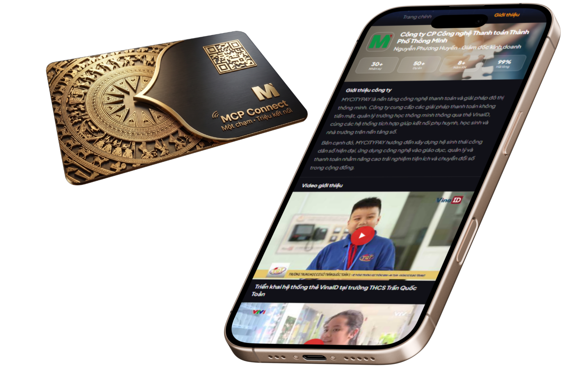 Thẻ vật lý NFC và điện thoại hiển thị tab Giới thiệu của danh thiếp MCP Connect